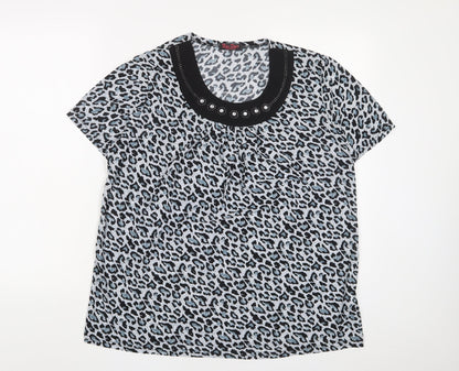 Kin Da Womens Blue Animal Print Polyester Basic T-Shirt Size 2XL Crew Neck - Studded