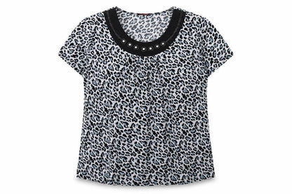 Kin Da Womens Blue Animal Print Polyester Basic T-Shirt Size 2XL Crew Neck - Studded