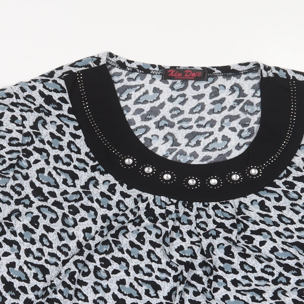 Kin Da Womens Blue Animal Print Polyester Basic T-Shirt Size 2XL Crew Neck - Studded