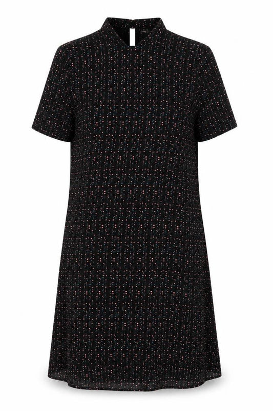 Front view of JDY women’s black geometric polyester a-line, size UK 12, round neck button