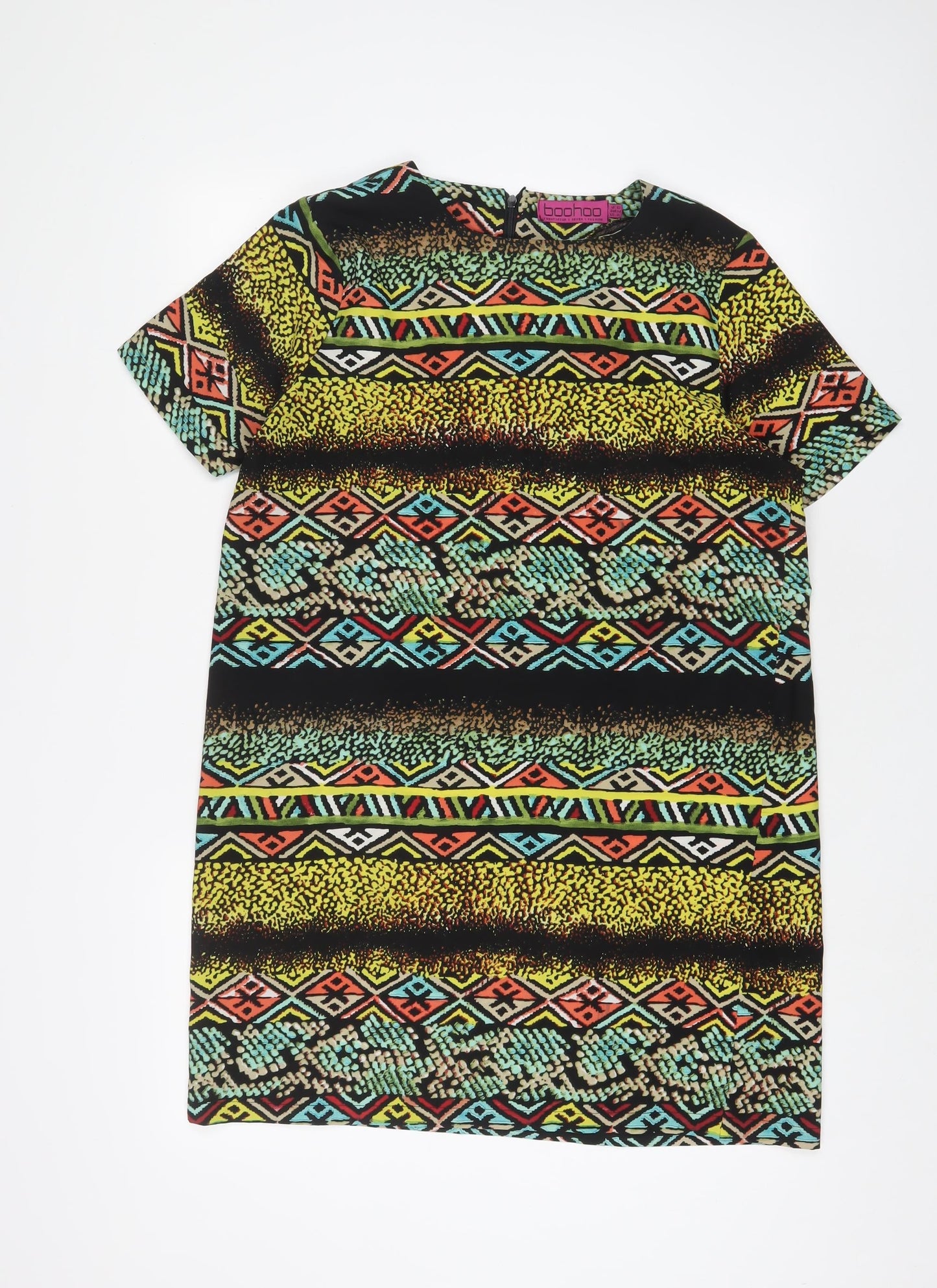 Boohoo Womens Multicoloured Geometric Polyester Sheath Size 12 Boat Neck Zip