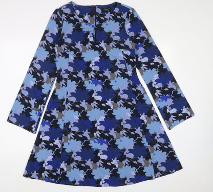 Yessica Womens Blue Geometric Polyester A-Line Size 10 Scoop Neck Button