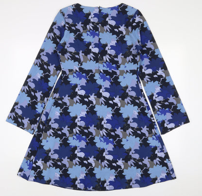 Yessica Womens Blue Geometric Polyester A-Line Size 10 Scoop Neck Button