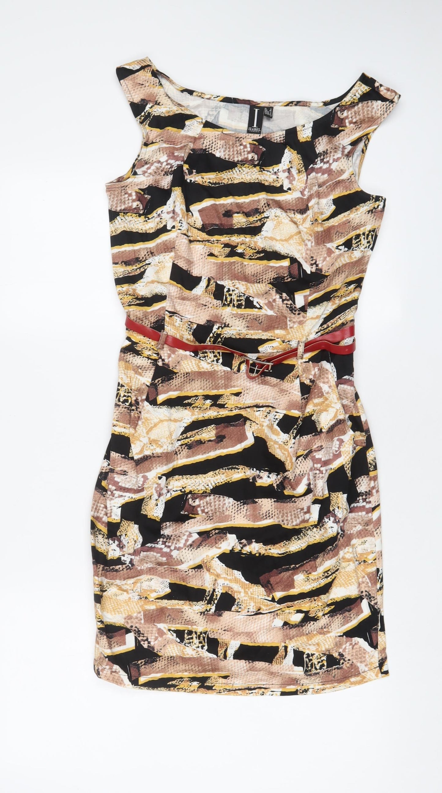 Izabel London Womens Multicoloured Geometric Polyester Sheath Size 8 Boat Neck Pullover - Belted