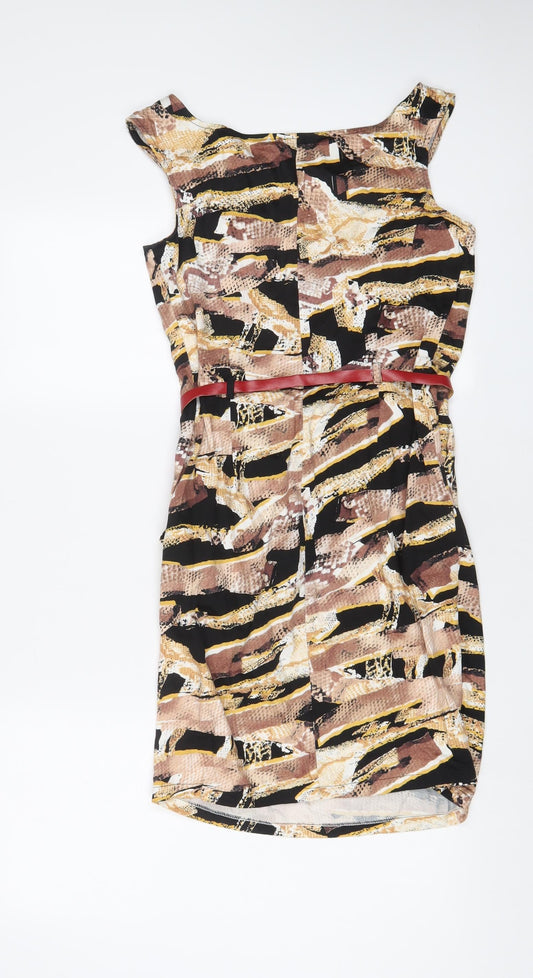 Izabel London Womens Multicoloured Geometric Polyester Sheath Size 8 Boat Neck Pullover - Belted