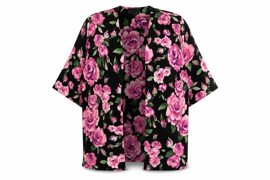 Front view of Club L women’s pink floral polyester kimono blouse, size UK 12, v-neck - open