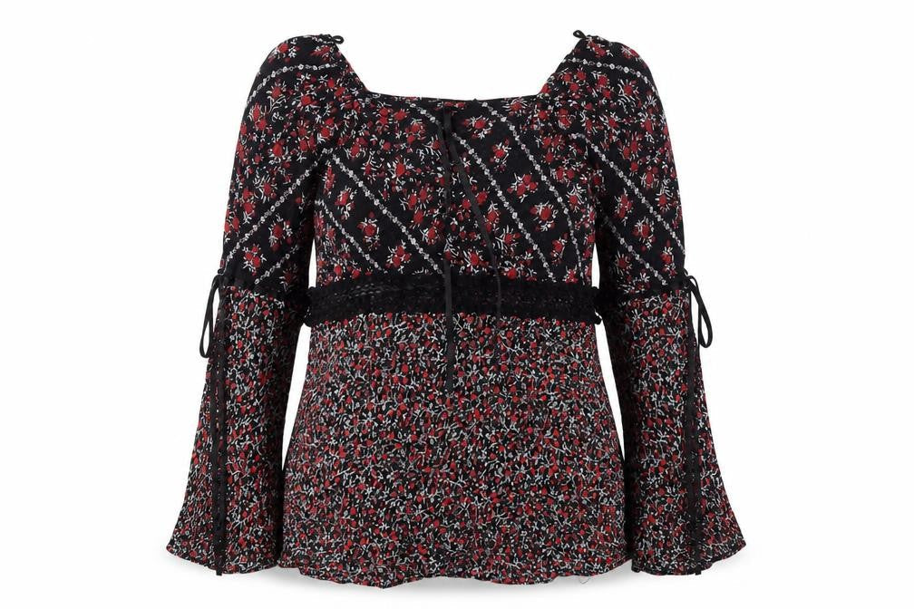 Essence Womens Red Floral Viscose Basic Blouse Size 16 V-Neck - Lace