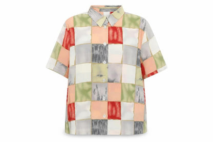Front view of C&A women’s multicoloured geometric polyester basic button-up, size UK 16, collared