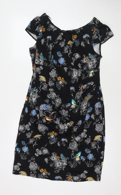 Dorothy Perkins Womens Black Floral Cotton A-Line Size 18 V-Neck Zip