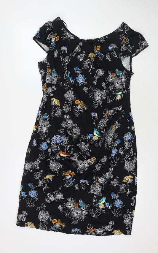 Dorothy Perkins Womens Black Floral Cotton A-Line Size 18 V-Neck Zip