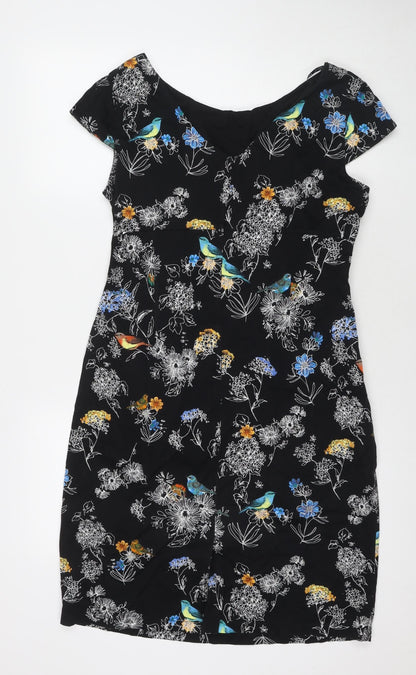 Dorothy Perkins Womens Black Floral Cotton A-Line Size 18 V-Neck Zip