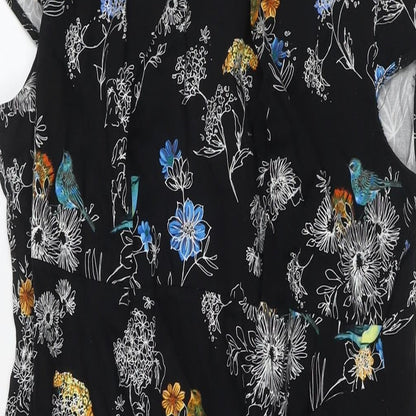 Dorothy Perkins Womens Black Floral Cotton A-Line Size 18 V-Neck Zip