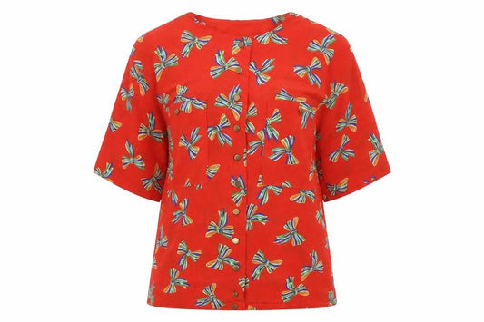 MAI Womens Red Geometric Polyester Basic Button-Up Size 12 V-Neck - Bow