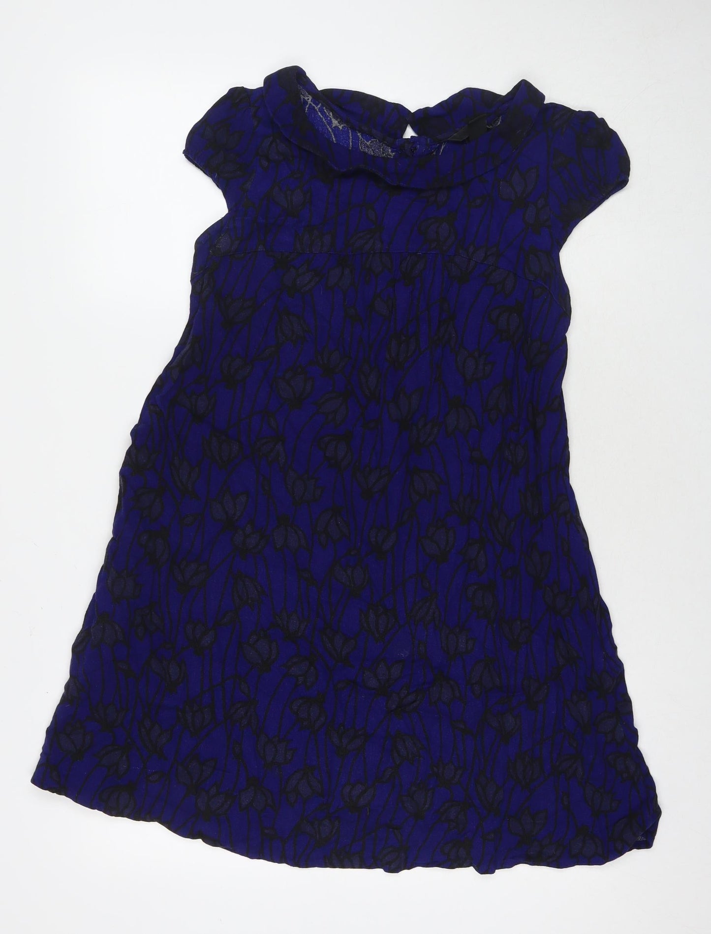 H&M Womens Blue Floral Polyester A-Line Size 10 Round Neck Button