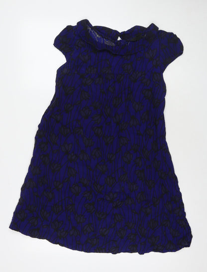 H&M Womens Blue Floral Polyester A-Line Size 10 Round Neck Button
