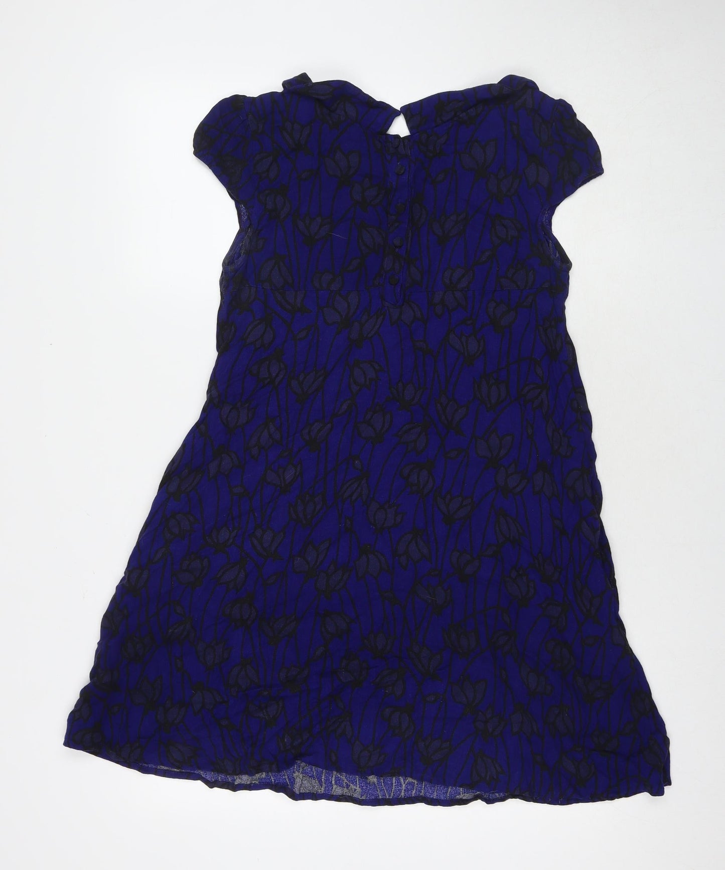 H&M Womens Blue Floral Polyester A-Line Size 10 Round Neck Button