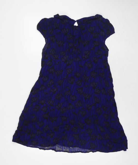 H&M Womens Blue Floral Polyester A-Line Size 10 Round Neck Button