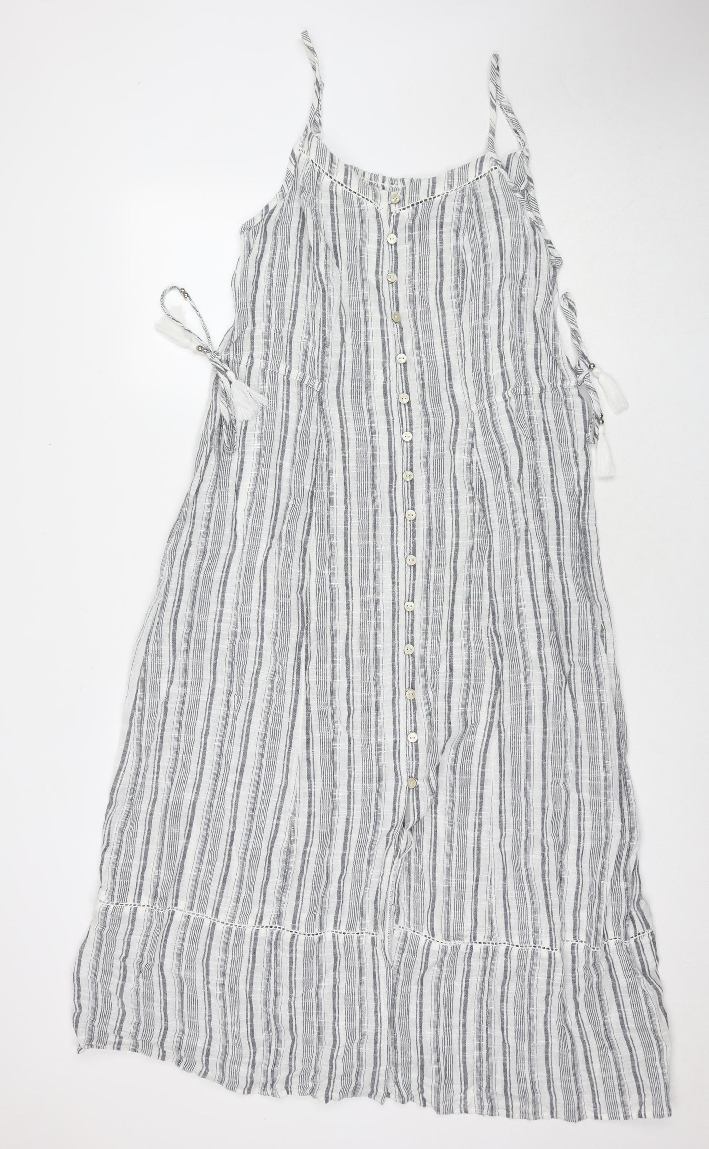 Marks and Spencer Womens Grey Striped Cotton Maxi Size 14 Round Neck Pullover