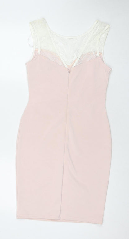 Lipsy Womens Pink Floral Polyester A-Line Size 12 Round Neck Zip