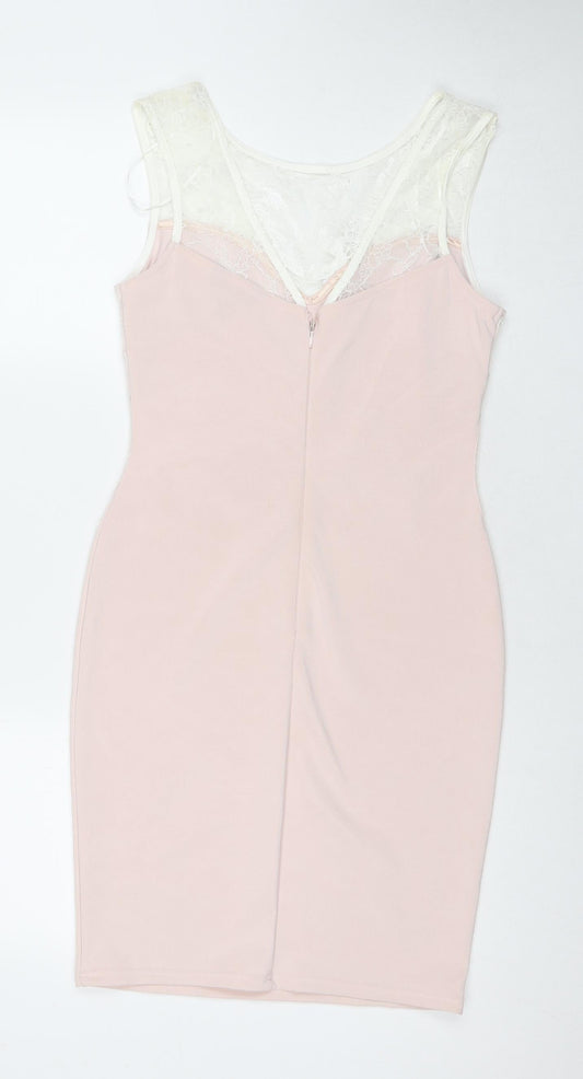 Lipsy Womens Pink Floral Polyester A-Line Size 12 Round Neck Zip