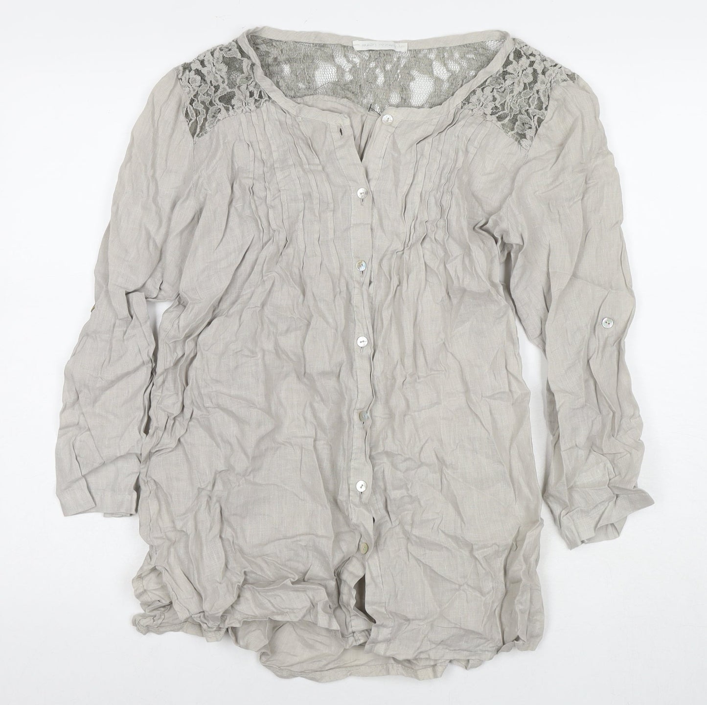 Made in Italy Womens Grey Linen Basic Button-Up Size L Round Neck