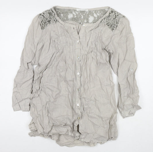 Made in Italy Womens Grey Linen Basic Button-Up Size L Round Neck