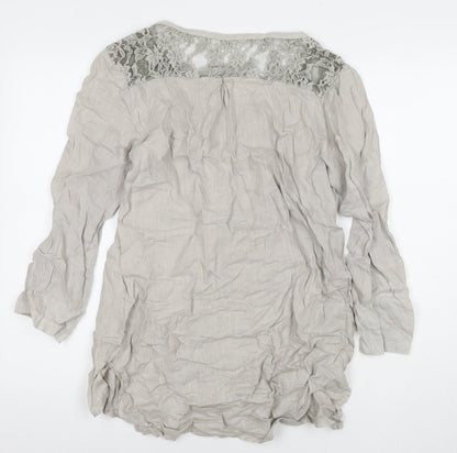Made in Italy Womens Grey Linen Basic Button-Up Size L Round Neck
