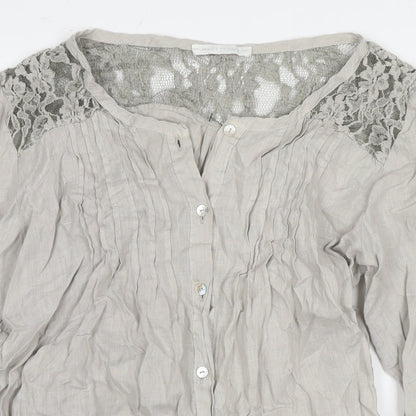 Made in Italy Womens Grey Linen Basic Button-Up Size L Round Neck
