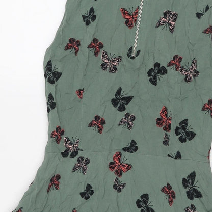 Apricot Womens Green Geometric Viscose Fit & Flare Size 10 Round Neck Zip - Butterflies