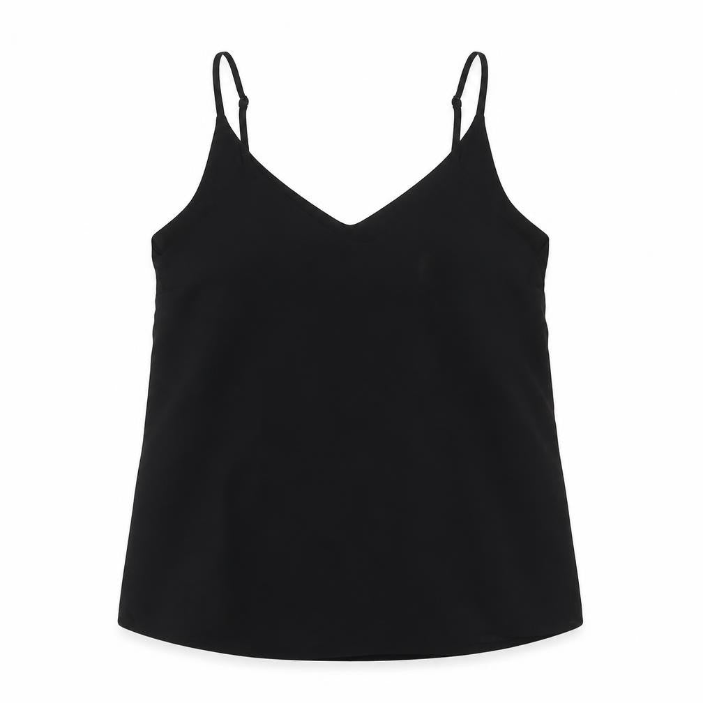 Front view of Cotton:On women’s black polyester basic tank, size XS, round neck