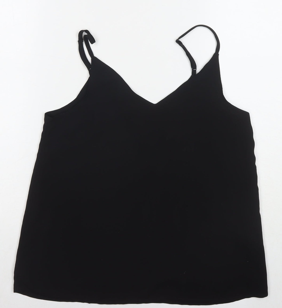 Back view of Cotton:On women’s black polyester basic tank, size XS, round neck