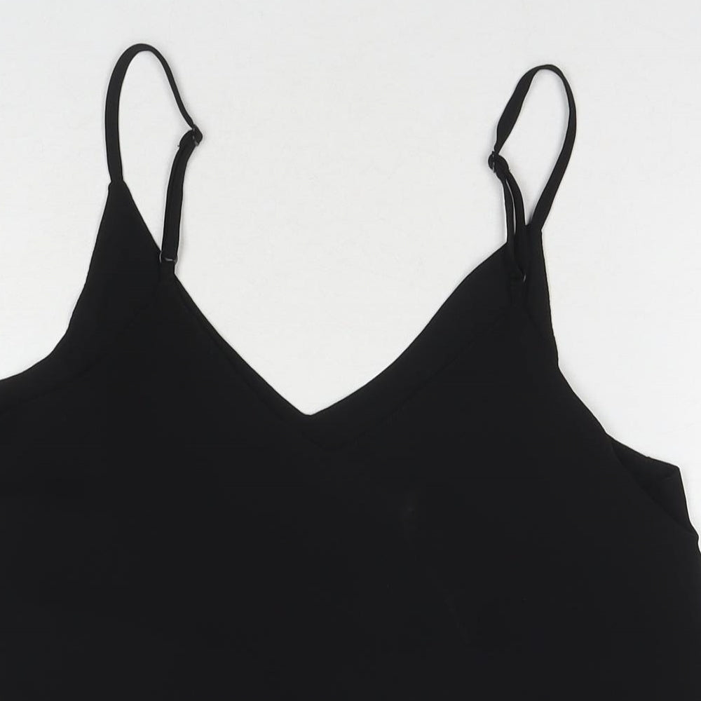 Close-up detail of Cotton:On women’s black polyester basic tank, size XS, round neck