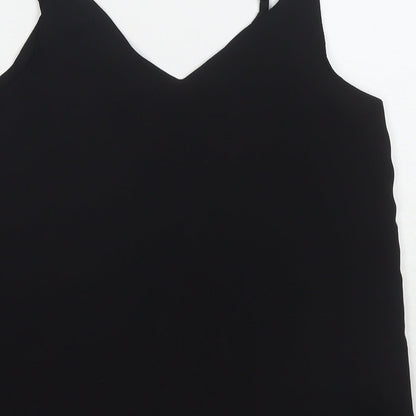 Brand and care label for Cotton:On women’s black polyester basic tank, size XS, round neck