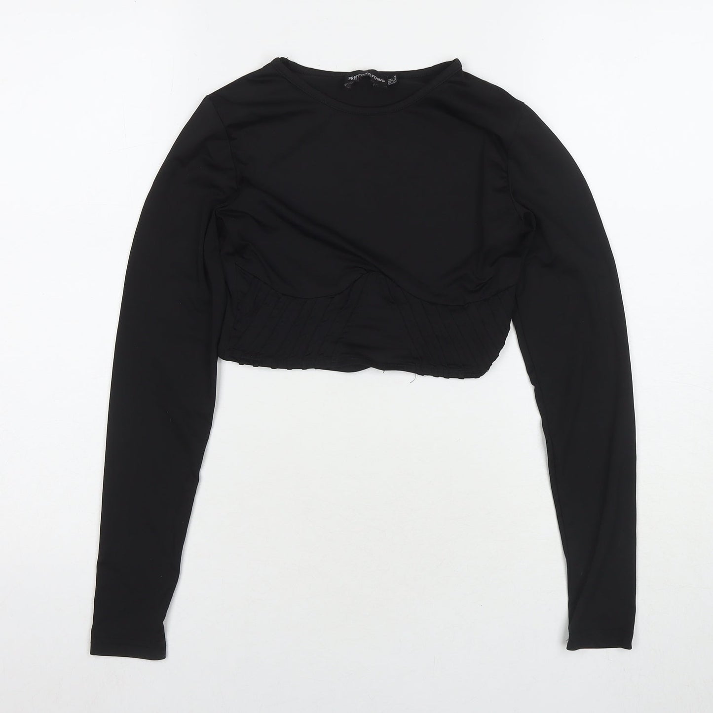 PRETTYLITTLETHING Womens Black Polyester Cropped T-Shirt Size 6 Round Neck