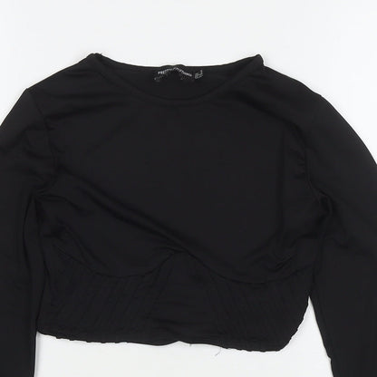 PRETTYLITTLETHING Womens Black Polyester Cropped T-Shirt Size 6 Round Neck