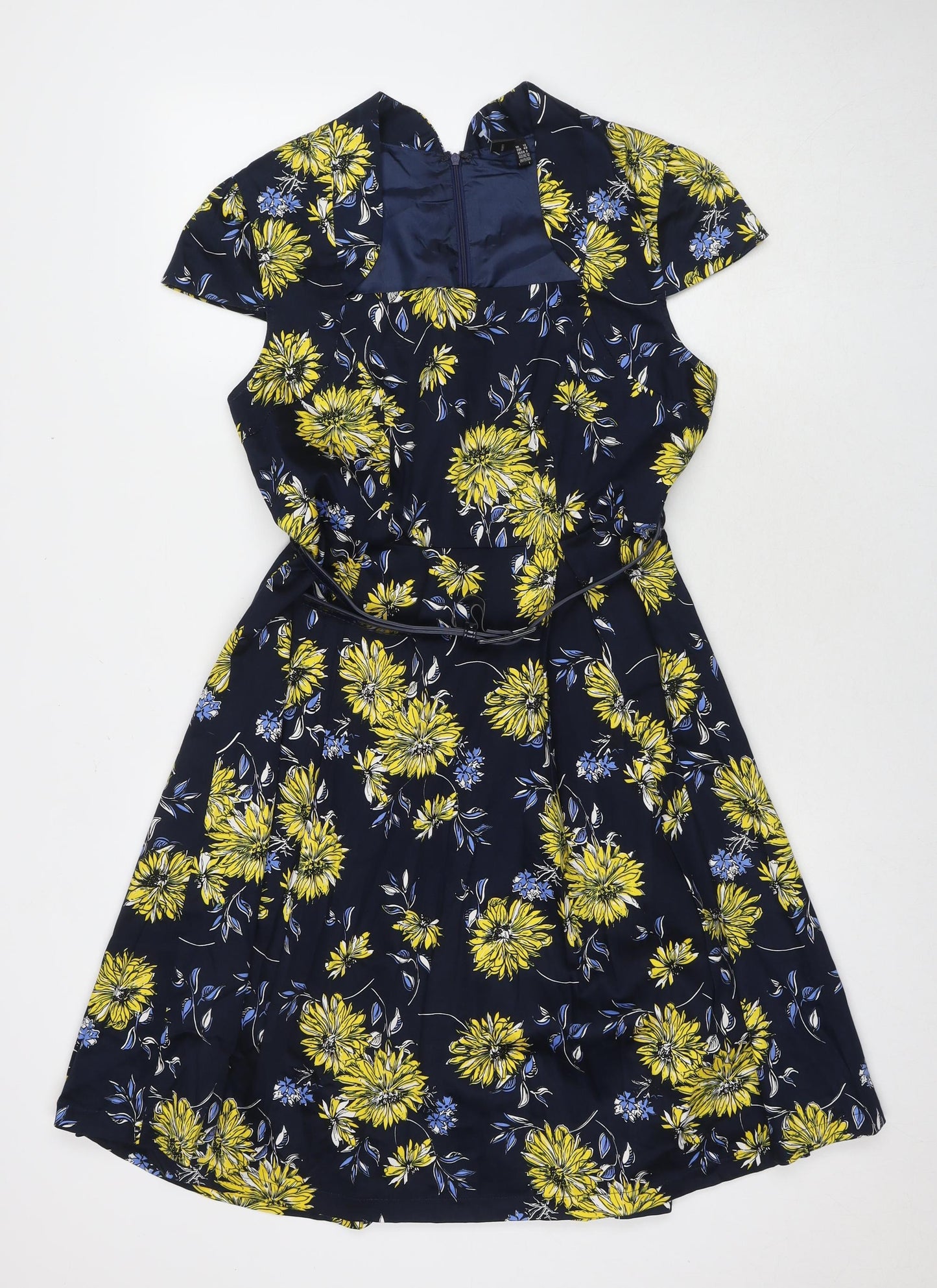 Izabel Womens Blue Floral Cotton A-Line Size 12 V-Neck Zip