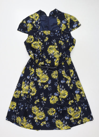 Izabel Womens Blue Floral Cotton A-Line Size 12 V-Neck Zip