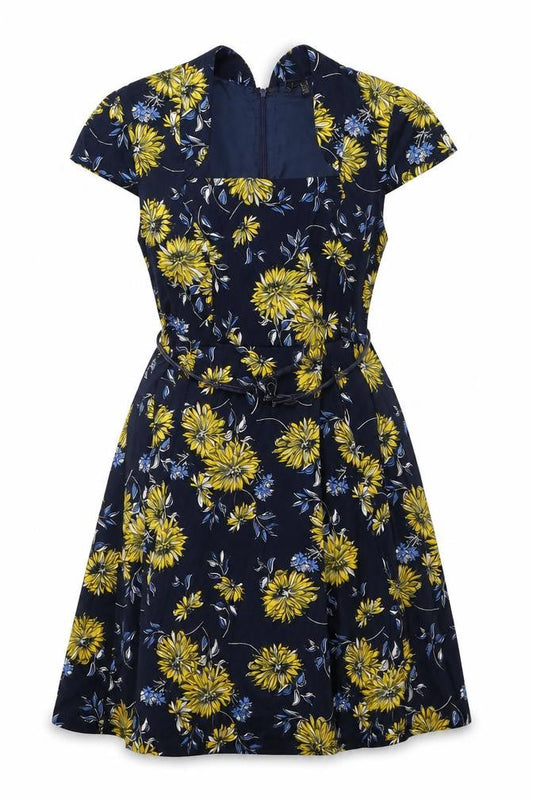 Front view of Izabel women’s blue floral cotton a-line, size UK 12, v-neck zip
