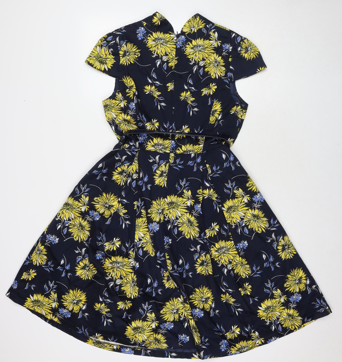 Izabel Womens Blue Floral Cotton A-Line Size 12 V-Neck Zip