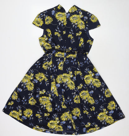 Izabel Womens Blue Floral Cotton A-Line Size 12 V-Neck Zip
