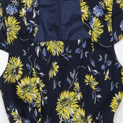 Izabel Womens Blue Floral Cotton A-Line Size 12 V-Neck Zip