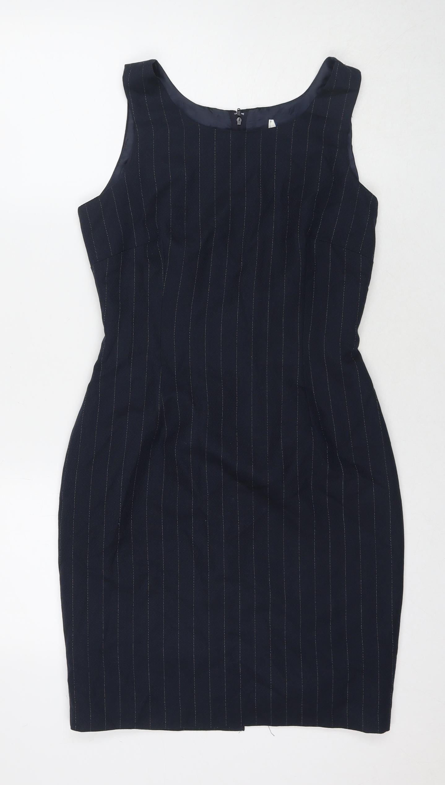 Dorothy Perkins Womens Blue Striped Viscose A-Line Size 10 Round Neck Zip