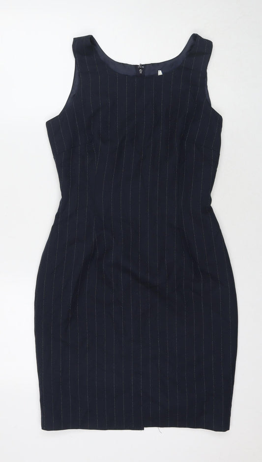 Dorothy Perkins Womens Blue Striped Viscose A-Line Size 10 Round Neck Zip