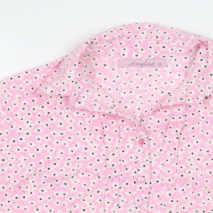 Amalina Womens Pink Floral Polyester Basic Button-Up Size 12 Collared