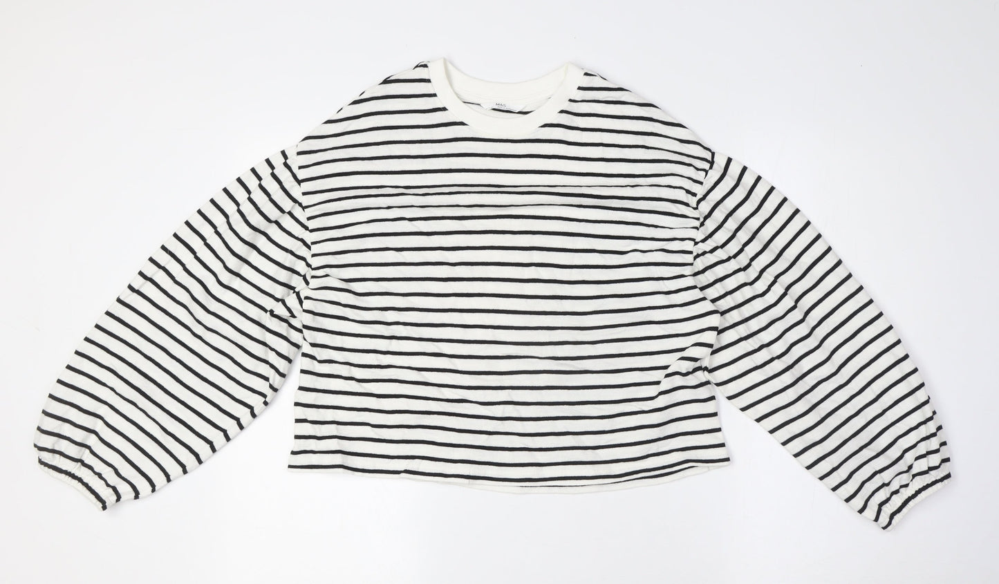 Marks and Spencer Girls White Crew Neck Striped Cotton Pullover Jumper Size 12-13 Years