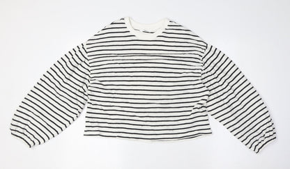 Marks and Spencer Girls White Crew Neck Striped Cotton Pullover Jumper Size 12-13 Years
