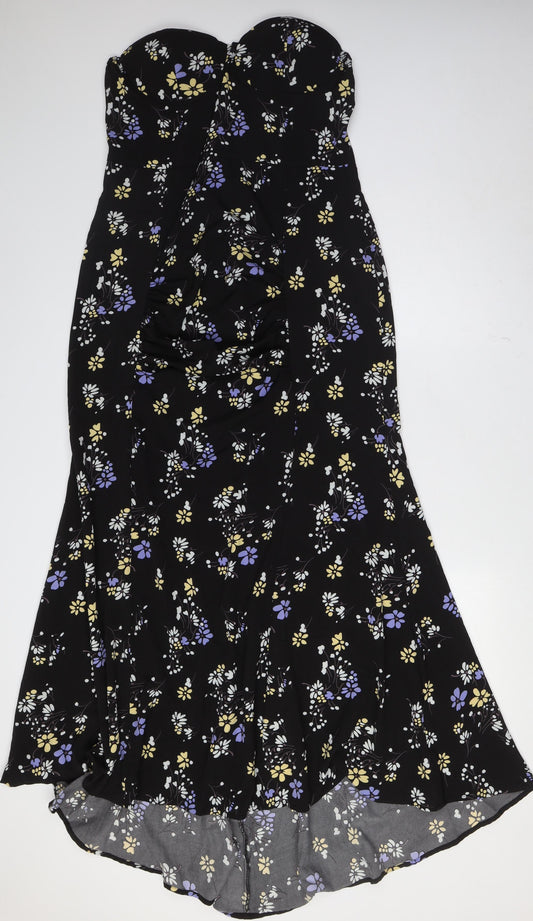 Boohoo Womens Black Floral Polyester A-Line Size 16 Off the Shoulder Zip
