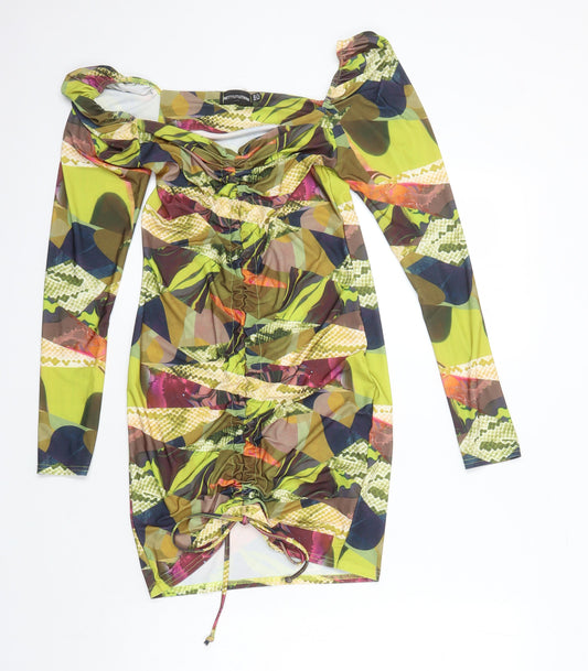 PRETTYLITTLETHING Womens Multicoloured Geometric Polyester Bodycon Size 12 Sweetheart