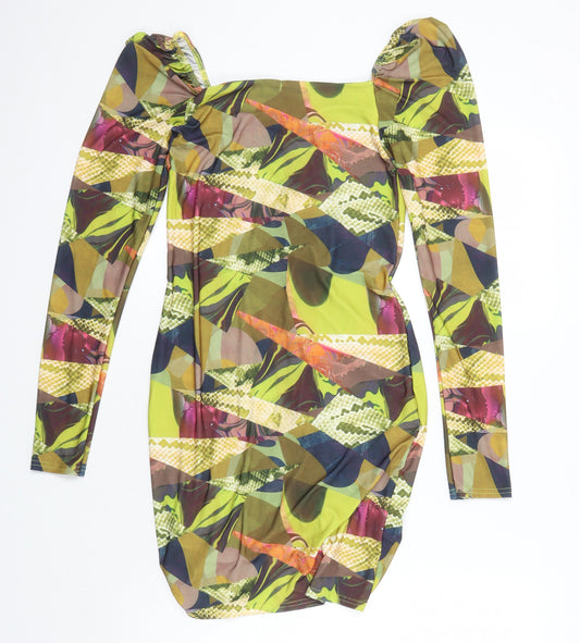 PRETTYLITTLETHING Womens Multicoloured Geometric Polyester Bodycon Size 12 Sweetheart