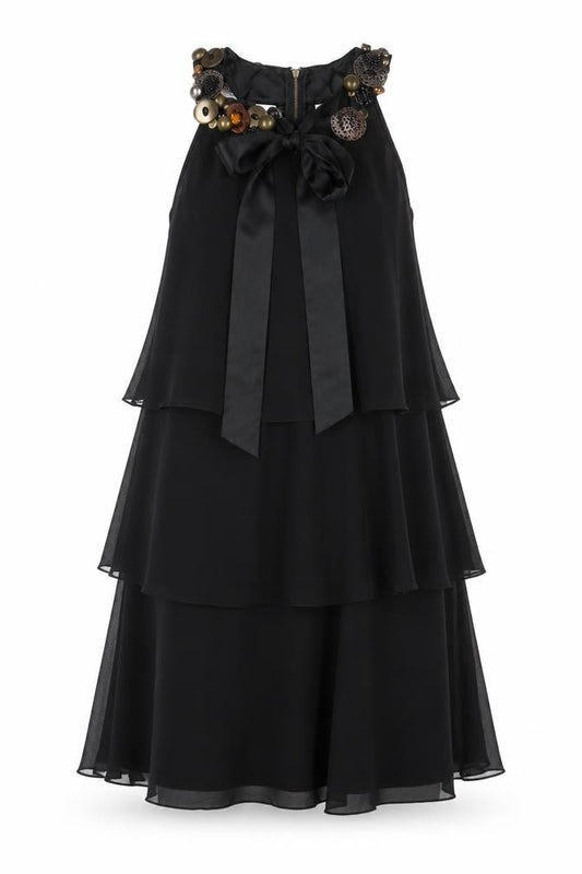 Untold Womens Black Houndstooth 100% Silk A-Line Size 10 Round Neck Zip - Beaded Neckline